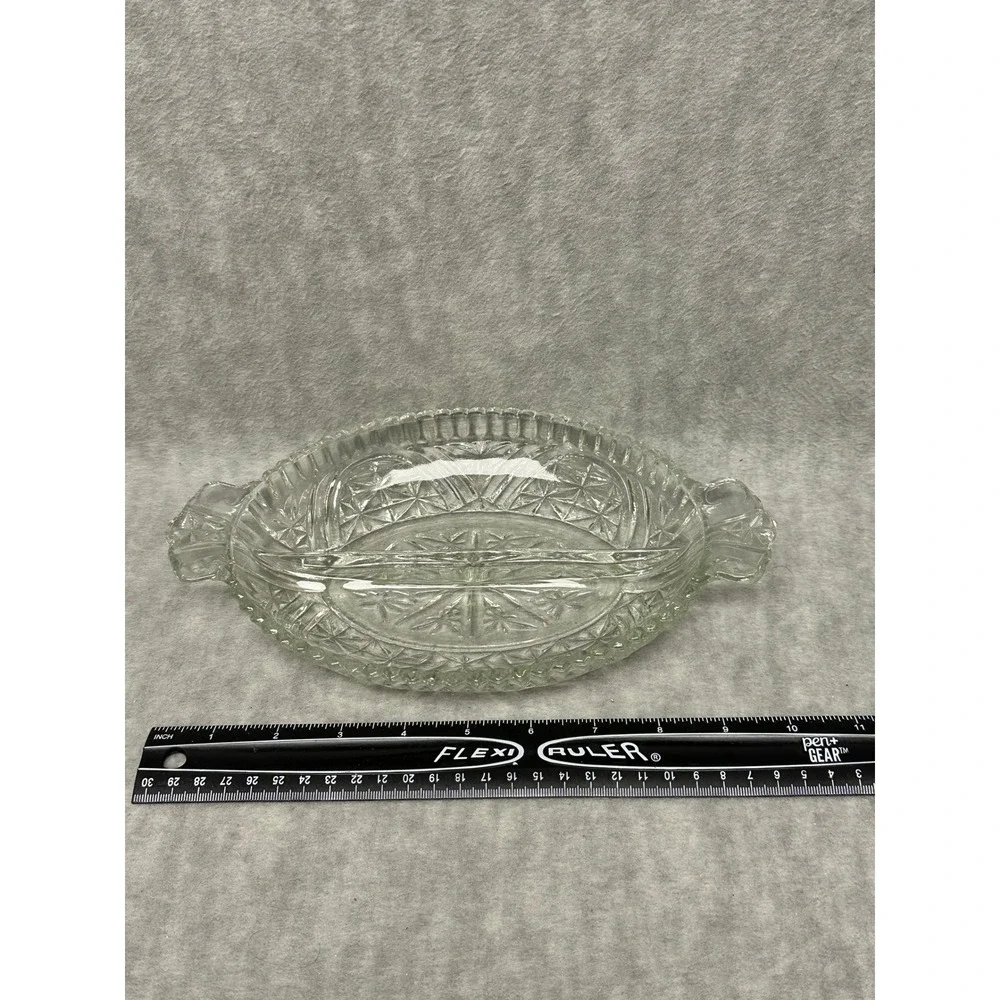 Vintage Relish‎ Dish Clear Divided Starburst Pattern Scalloped Tab Handles
